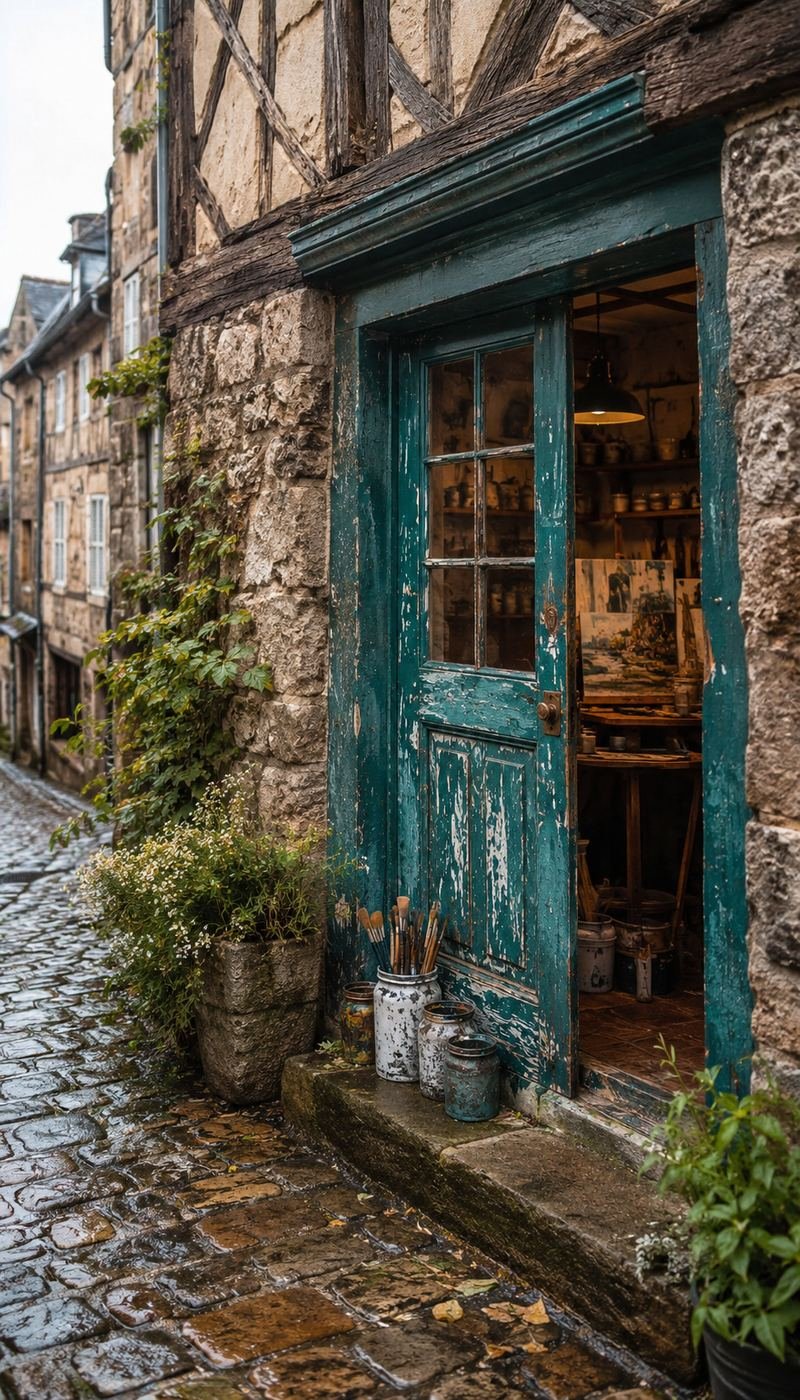 Porte en bois peinte en glaz de l'atelier, dans une ruelle pavée de Dinan, avec pinceaux et pots de peinture sur le pas de porte