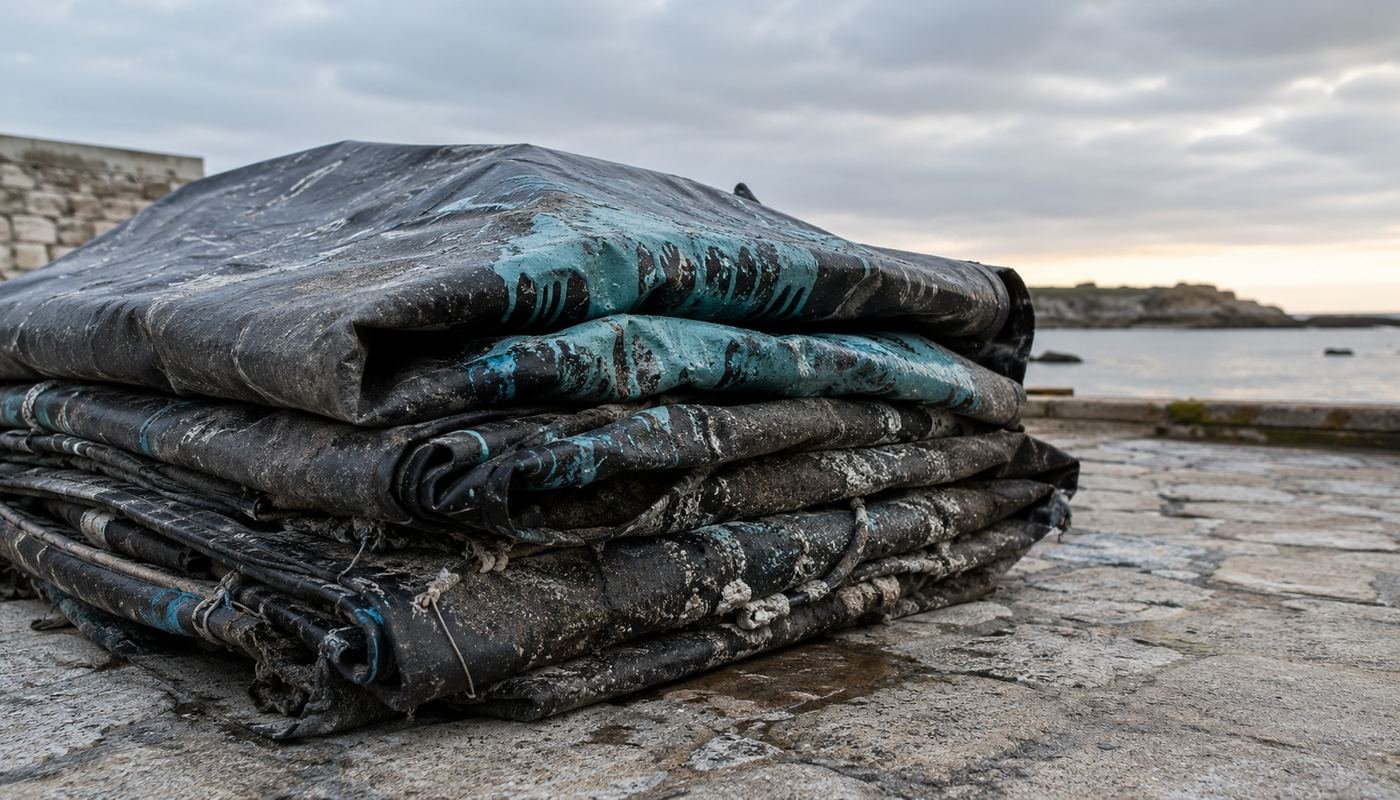 Bâches ostréicoles noires empilées sur un quai breton, tachées de goudron et de sel, avec des coulures de peinture glaz