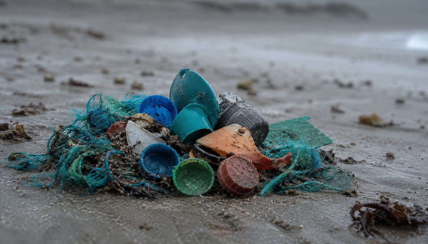 Déchets de plage triés à la main sur le sable : bouchons, filets et fragments de bouée teintés de glaz