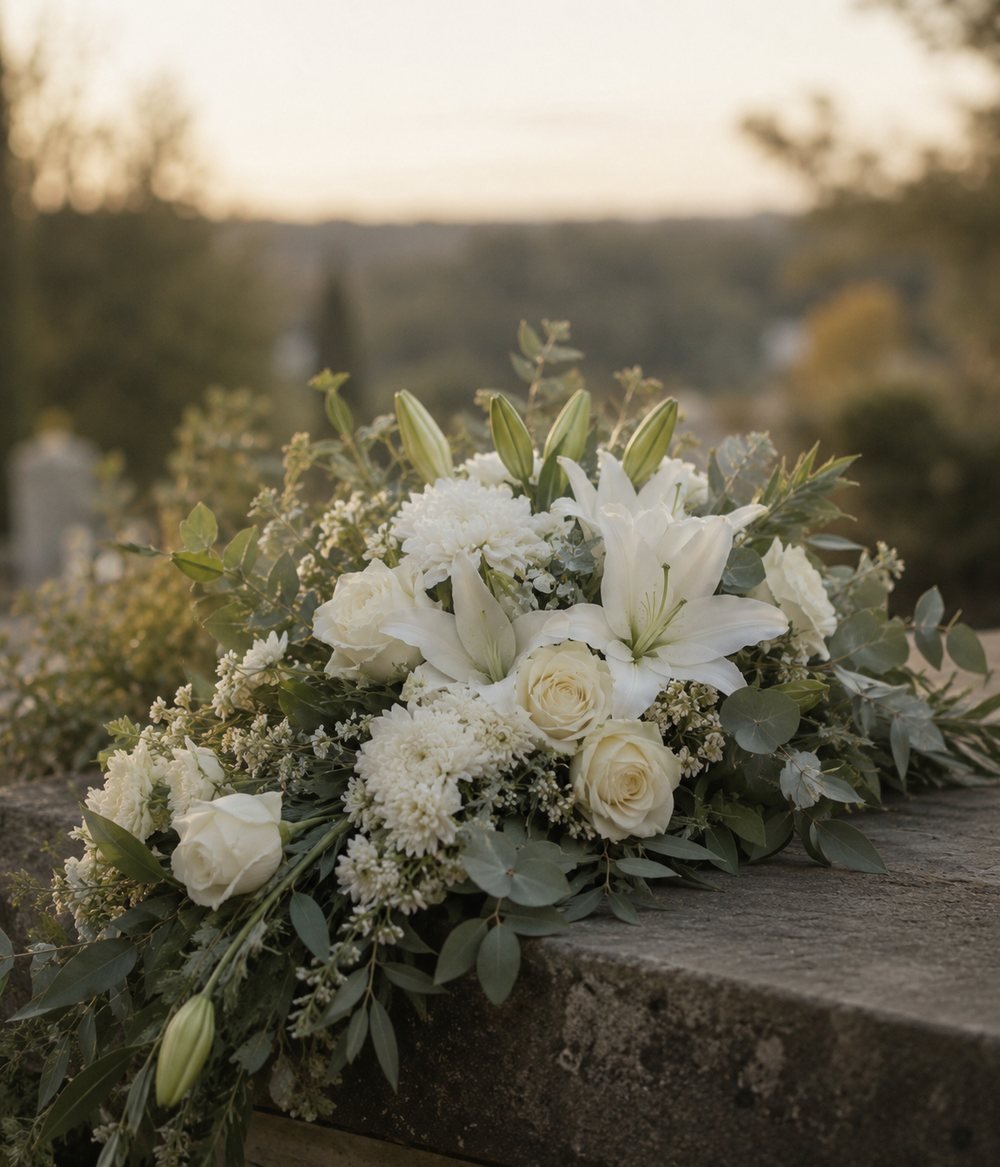 Photo : composition de deuil, gerbe de fleurs blanches et vertes