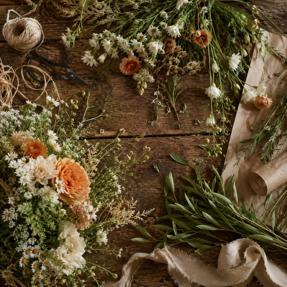 Photo : atelier de composition florale, fleurs et outils