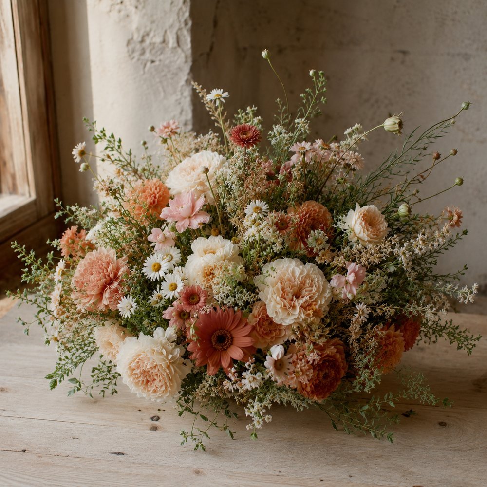 Photo : bouquet rond de fleurs colorées de saison