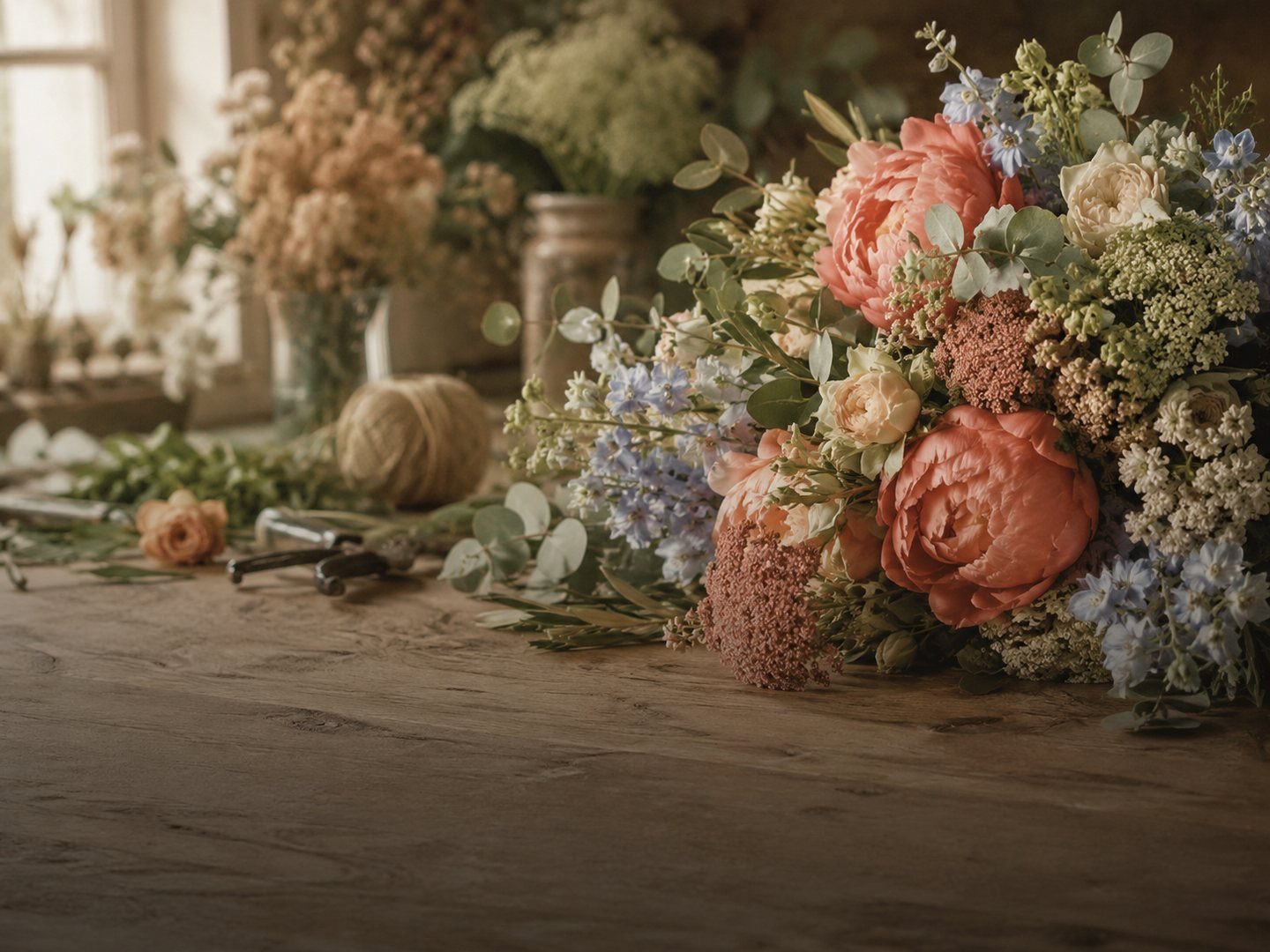 Photo : bouquet de fleurs de saison sur un plan de travail en bois