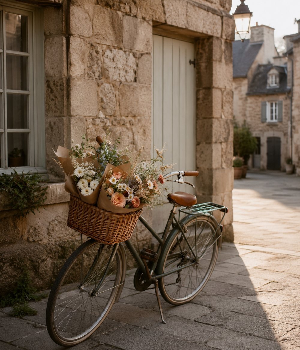Photo : vélo de livraison avec un panier de bouquets devant une façade en pierre à Guingamp