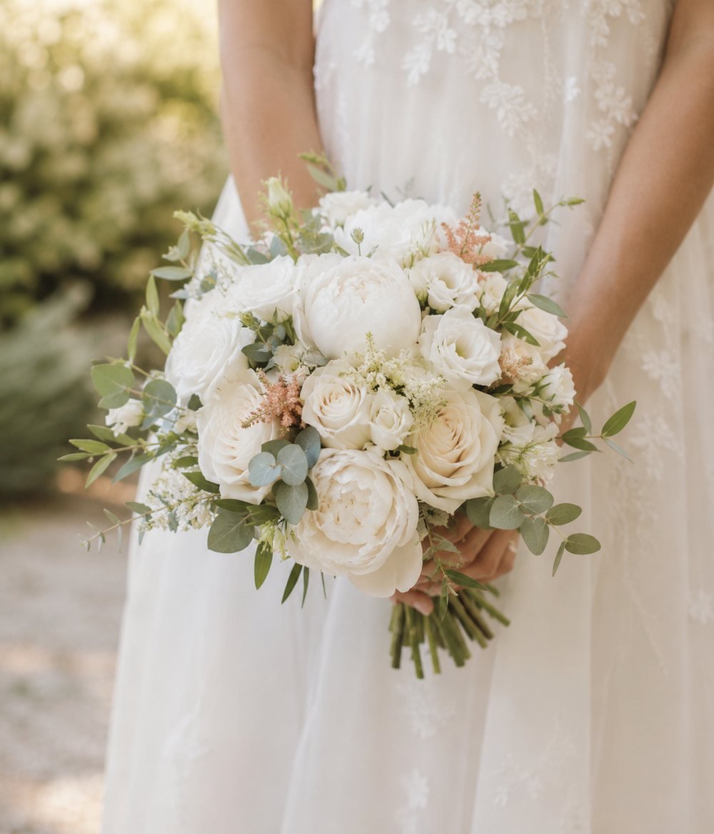 Photo : bouquet de mariée avec fleurs blanches et feuillages