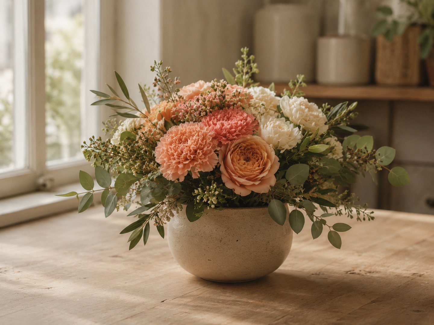 Photo : composition florale dans un contenant en céramique