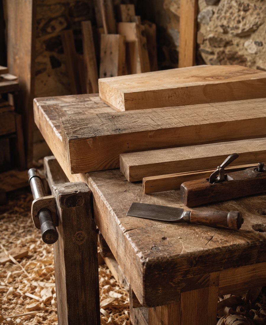 Établi et planches de bois en attente de façonnage, atelier de Kérity, Paimpol