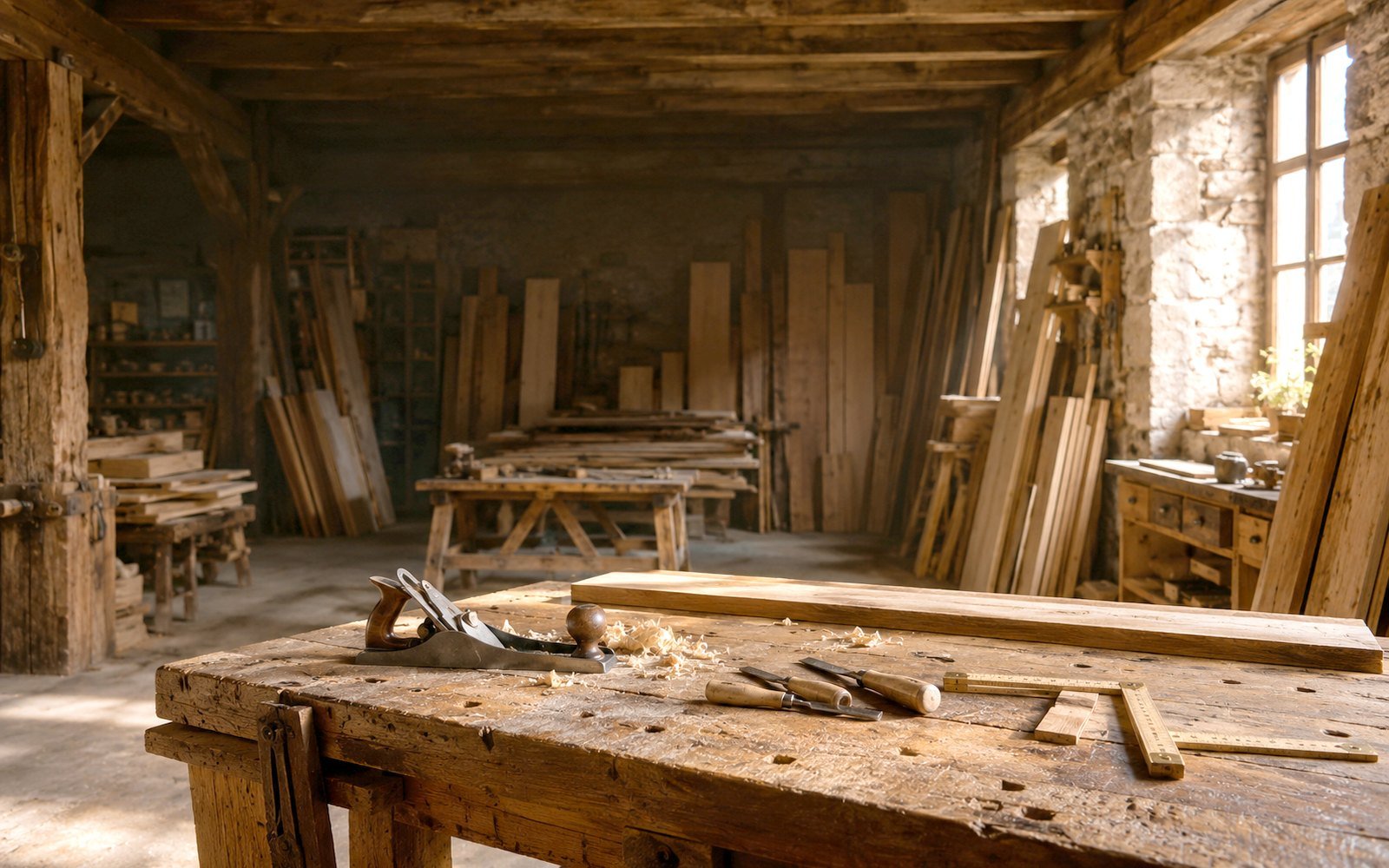 Établi et outils dans l'atelier de Menuiserie Calvez, à Kérity, Paimpol